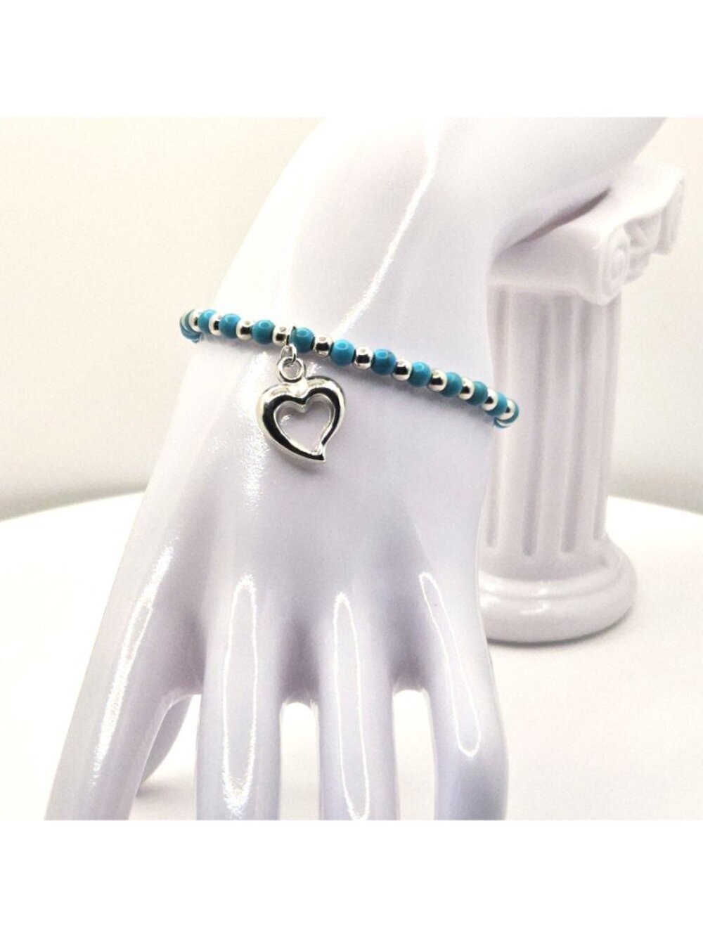 Heart Bracelet Turquoise Bracelet Blue Beaded Bracelet Stretch Bracelet Stackabl - Picture 5 of 10
